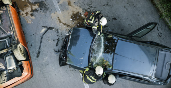 Aerial view of emergency responders at a two-car accident in Pittsburgh