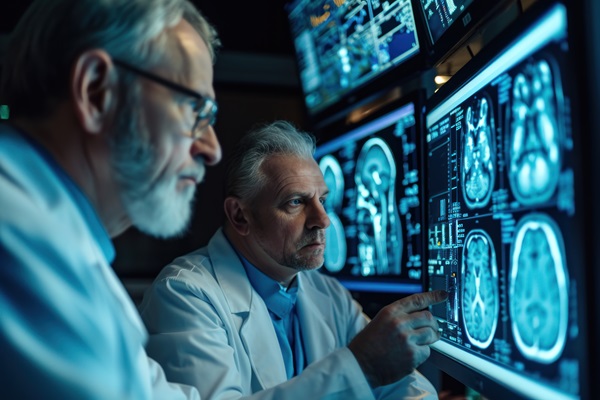 Neurologist and neurosurgeon review an MRI of a patient's brain following a serious trucking accident.